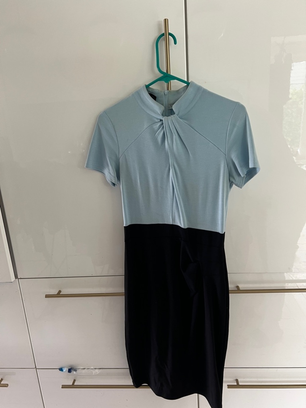 Two-Tone Light Blue & Black Midi Dress with Gathered Neckline